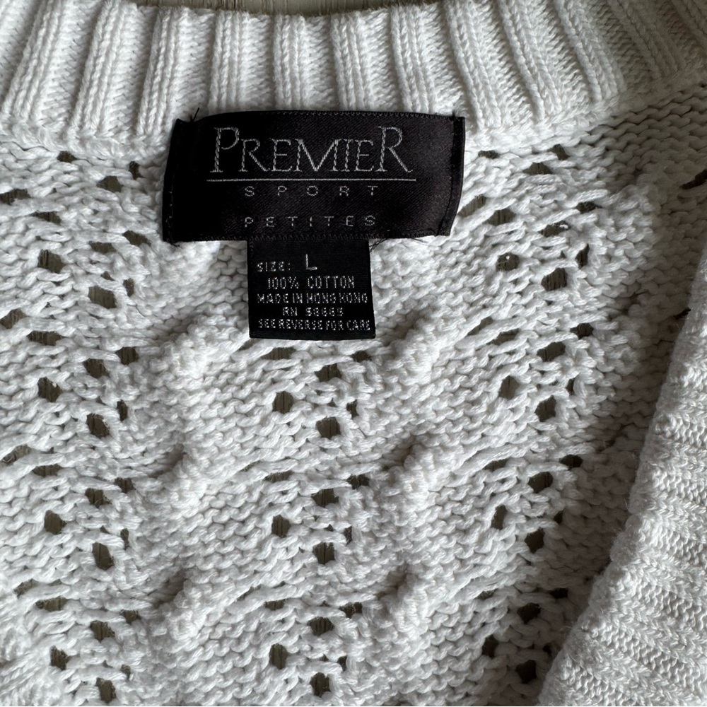 Vintage Premier Sport White Cotton Cable Knit Cottage Chunky V-Neck Sweater Lrg - Picture 6 of 9